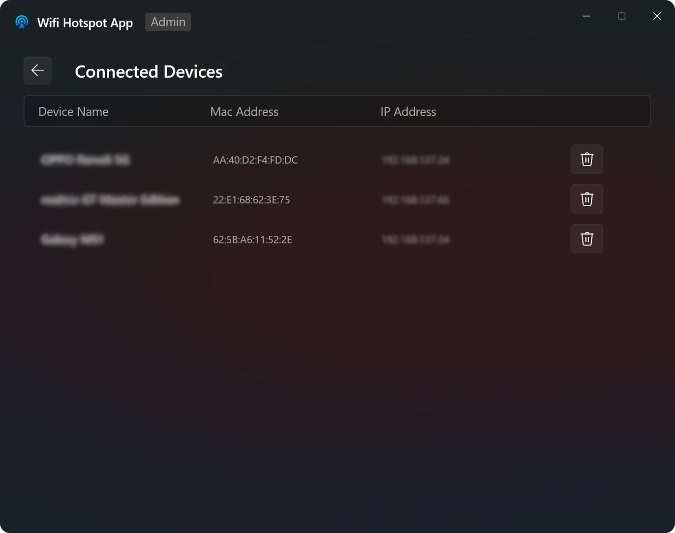 Screenshot of devices page
